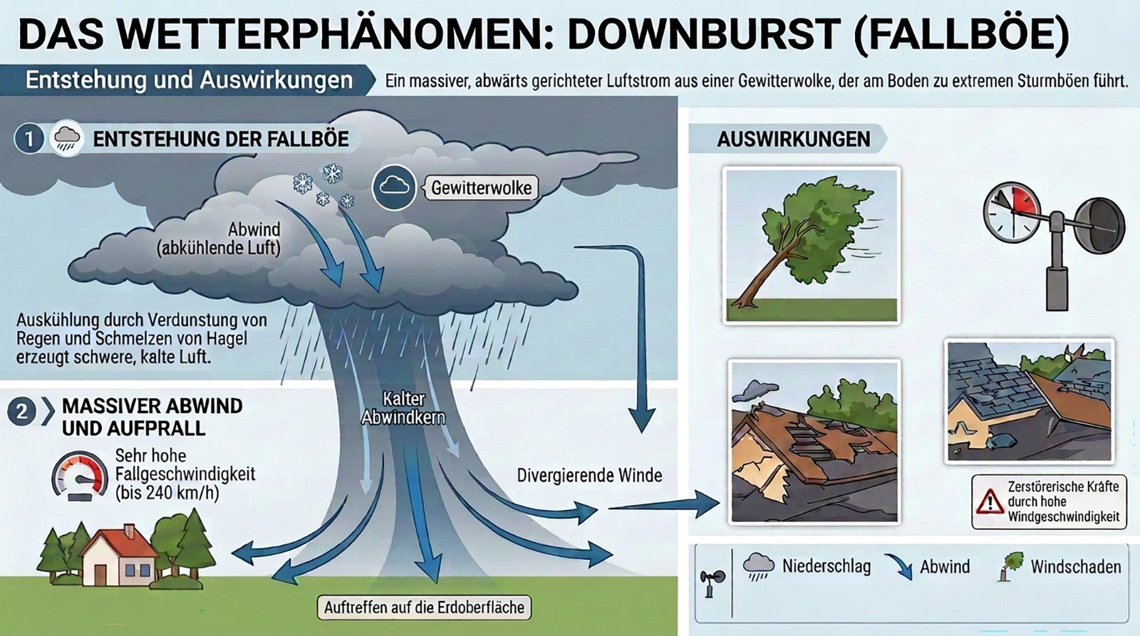Infografik mit schematischer Darstellung eines Downbursts, Wolke mit Abwind, aufgewirbeltem Staub, umgest&uuml;rzten B&auml;umen und abgedeckten D&auml;chern, dazu erkl&auml;rende Textfelder und Piktogramme.