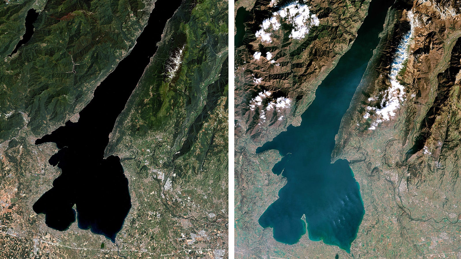 HANDOUT - 11.04.2023, Italien, Gardasee: KOMBO - Das Satellitenbild zeigt den Gardasee in Italien im Juni 2022 (l) und im M&auml;rz 2023. Angesichts der besorgniserregenden Trockenheit in Italien plant die Regierung konkrete Ma&szlig;nahmen zur Vorbeugung und Bek&auml;mpfung der D&uuml;rre. Foto: Spot/Airbus DS 2023/dpa - ACHTUNG: Nur zur redaktionellen Verwendung und nur mit vollst&auml;ndiger Nennung des vorstehenden Credits +++ dpa-Bildfunk +++