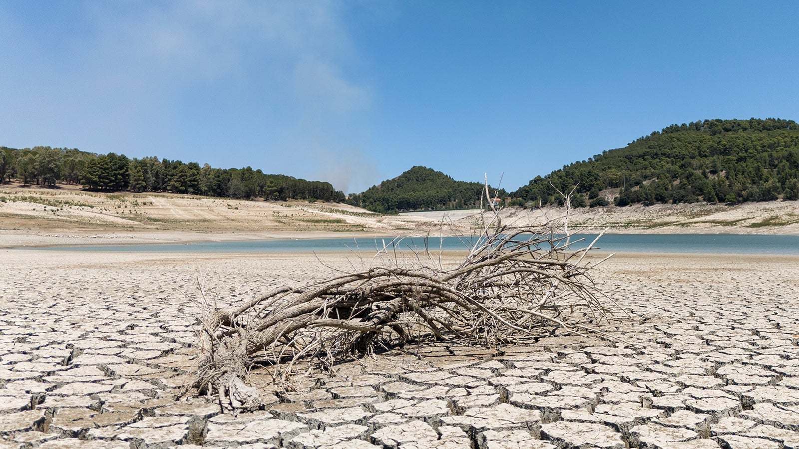 Der Fanaco-See, der einen gro&szlig;en Teil des s&uuml;dlichen Siziliens, darunter auch die Stadt Agrigent, mit Wasser versorgt, zeigt einen extrem niedrigen Wasserstand nach einem Winter mit sehr wenigen Niederschl&auml;gen. Foto: Andrew Medichini/AP/dpa +++ dpa-Bildfunk +++