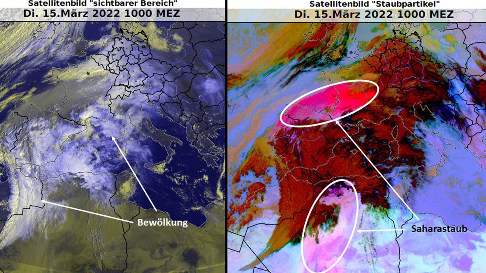 Auf diesen Satellitenaufnahmen ist die gro&szlig;e Staubwolke aus der Sahara zu erkennen. Besonders in der rechten Abbildung, bei der verschiedene Infrarot-Wellenl&auml;ngenbereiche kombiniert sind, werden die Staubpartikel besonders hervorgehoben.