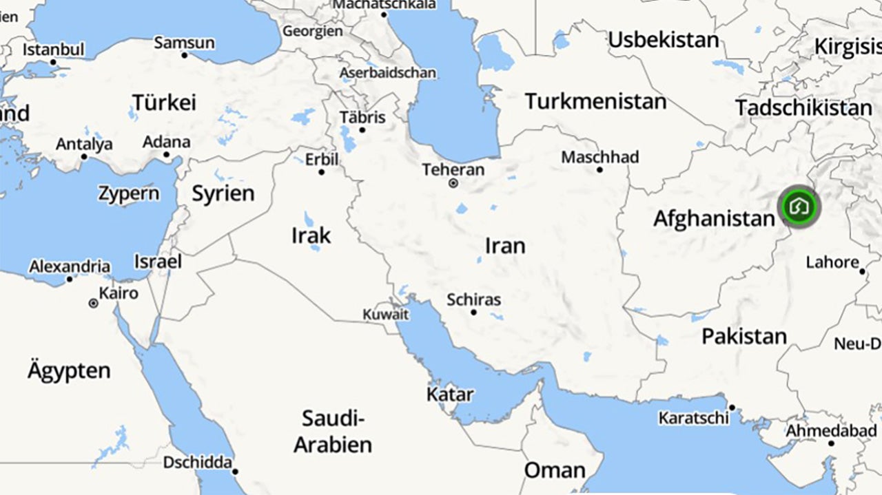 Karte von Asien zeigt, wo ein Erbeben im Osten Afghanistans aufgetreten ist.