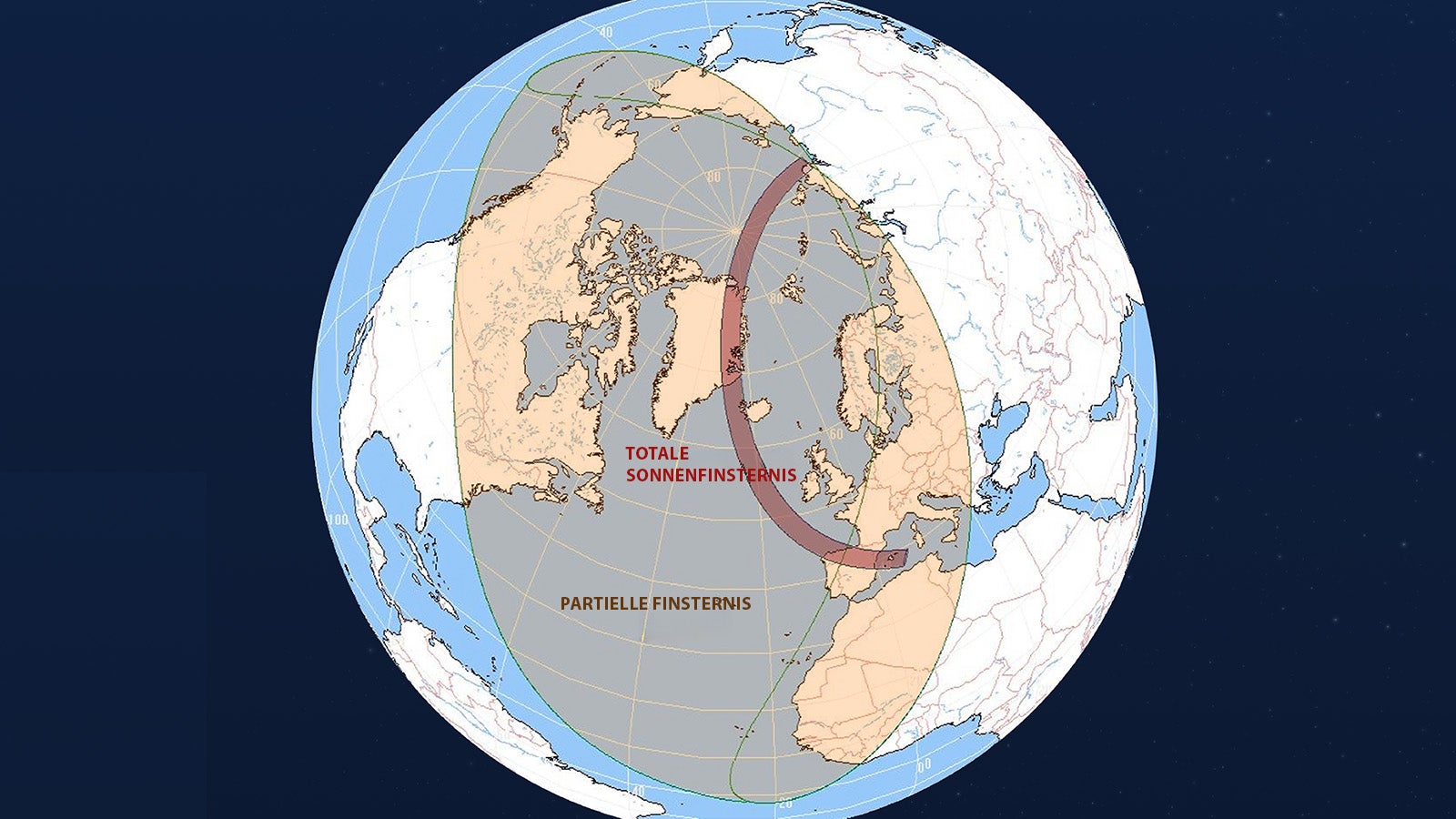 Infografik mit eingezeichneten Bereichen f&uuml;r totale und partielle Sonnenfinsternis am 12. August 2026 auf einer Weltkarte mit dem Schriftzug 'TOTALE SONNENFINSTERNIS' und 'PARTIELLE FINSTERNIS'. Quelle Esa