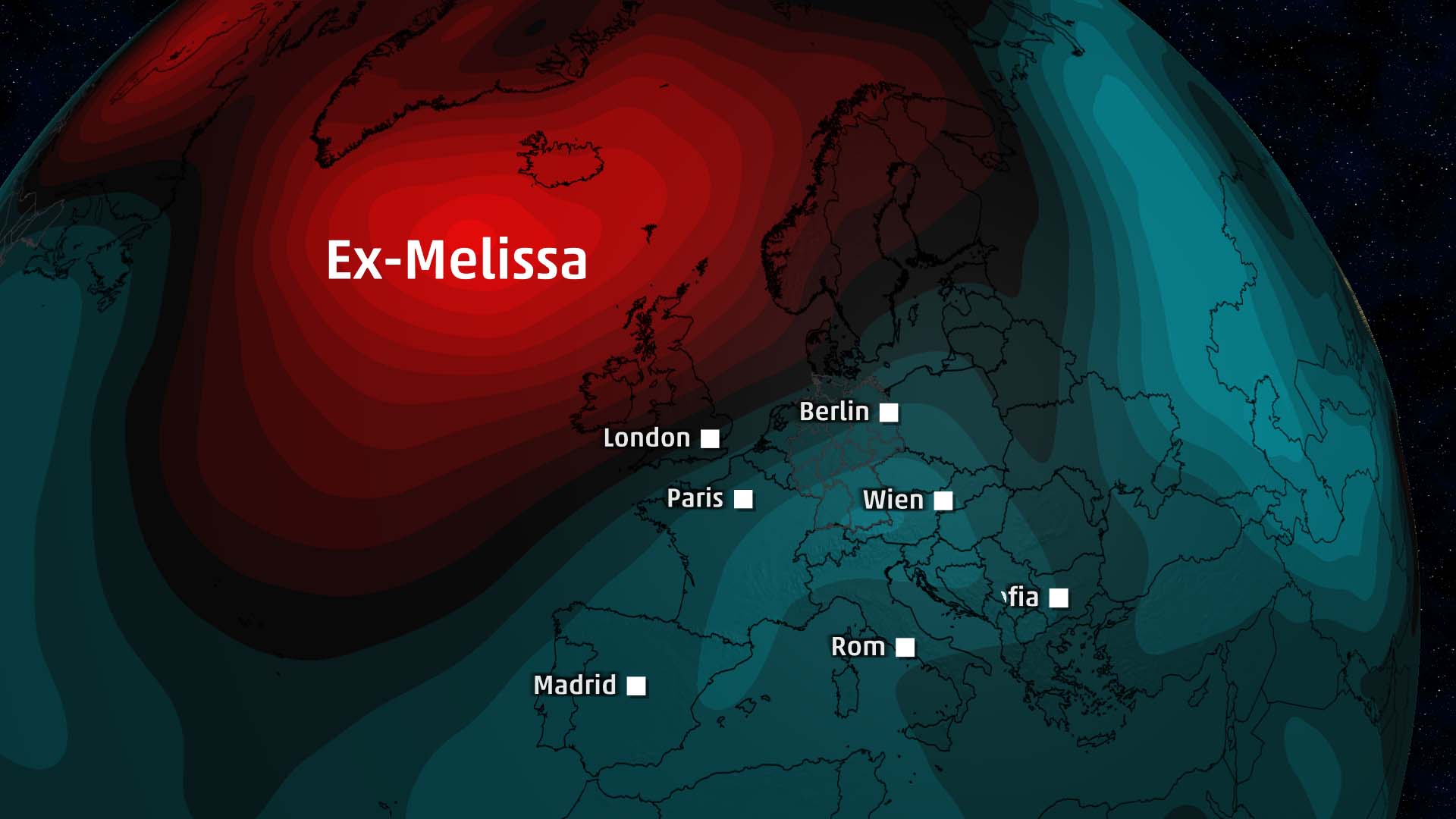 Ex-Hurrikan bringt W&auml;rme: Melissa liegt momentan zwischen Island und den Britischen Inseln und bringt Warmluft nach Deutschland.
