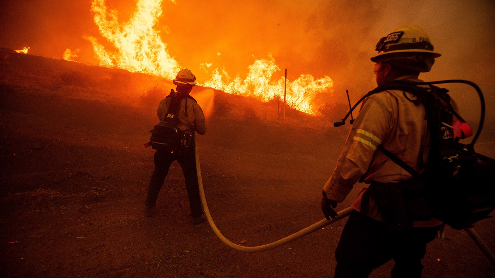 Am Mittwochvormittag brach nahe Los Angeles erneut ein Waldbrand aus. Feuerwehrleute bek&auml;mpfen das an einer Stra&szlig;e in Castaic. Foto: AP Photo/Ethan Swope