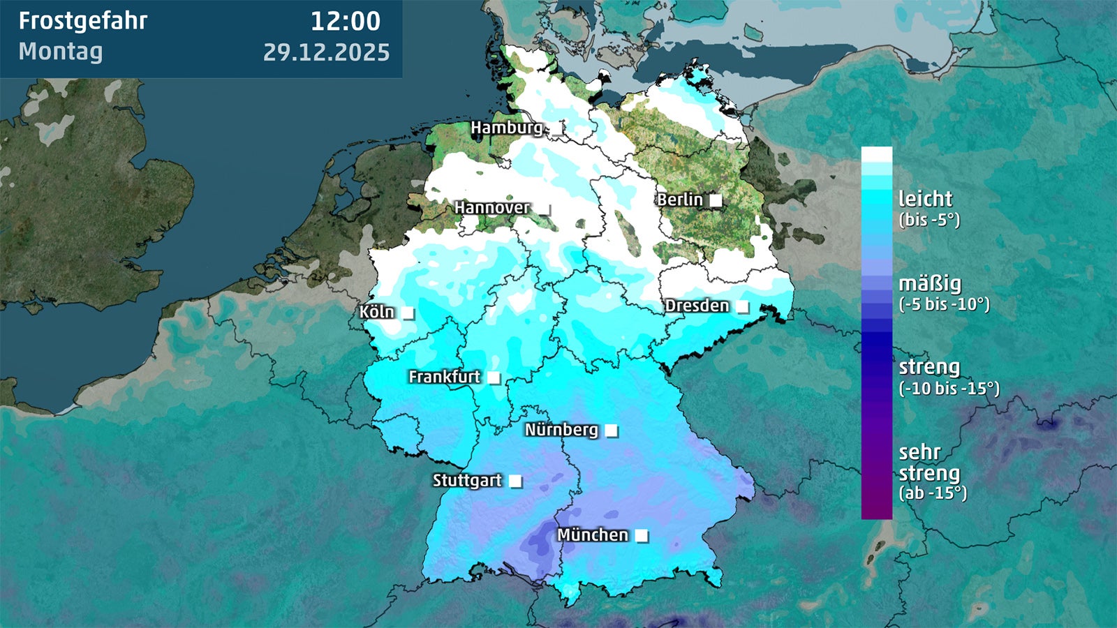 Wetterkarte zeigt Frost in Deutschland am Montag.