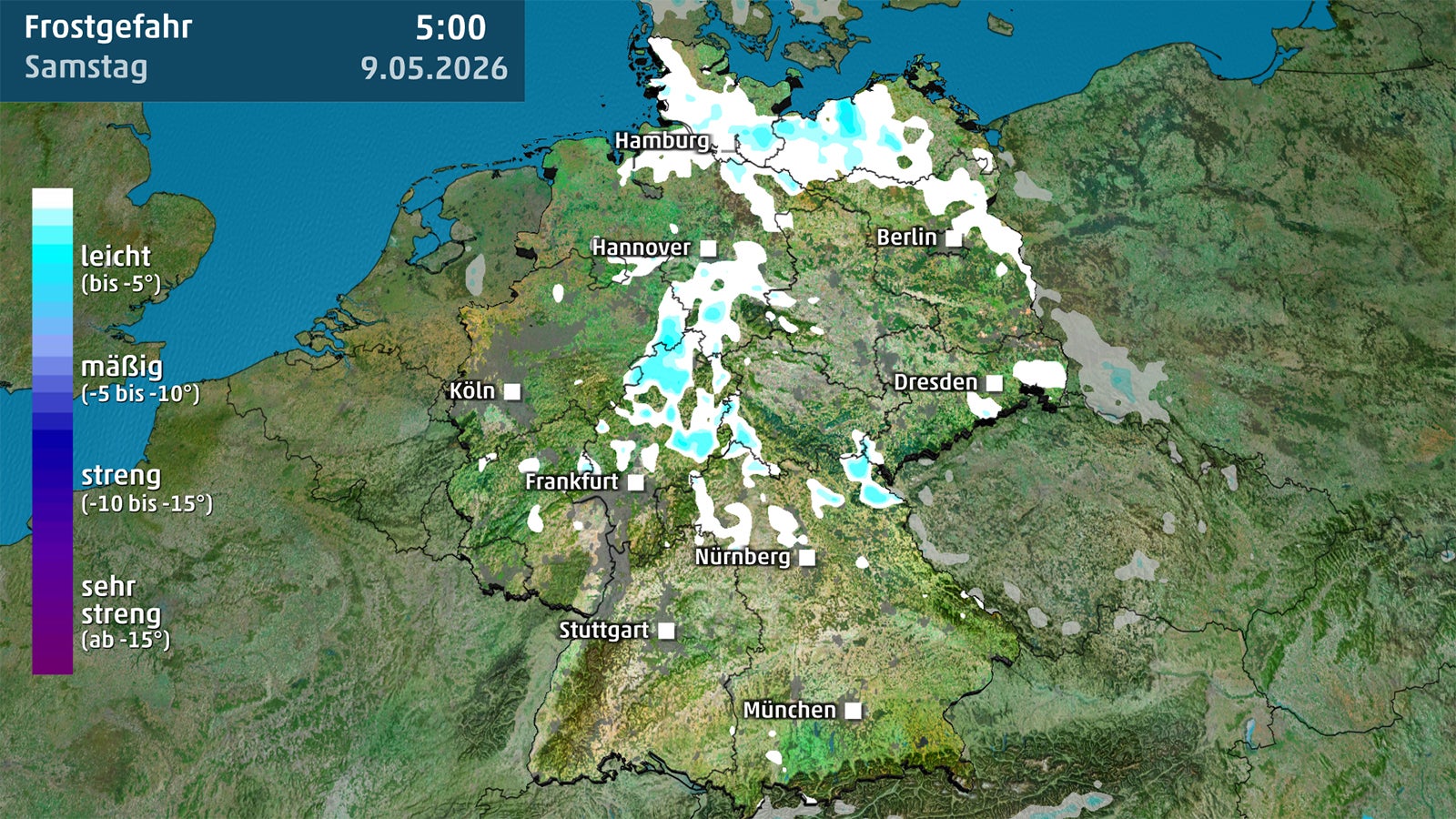 Wetterkarte von Deutschland mit farbigen Markierungen f&uuml;r unterschiedliche Frostgefahr und mehreren St&auml;dtenamen sowie Datums- und Uhrzeitangabe oben links