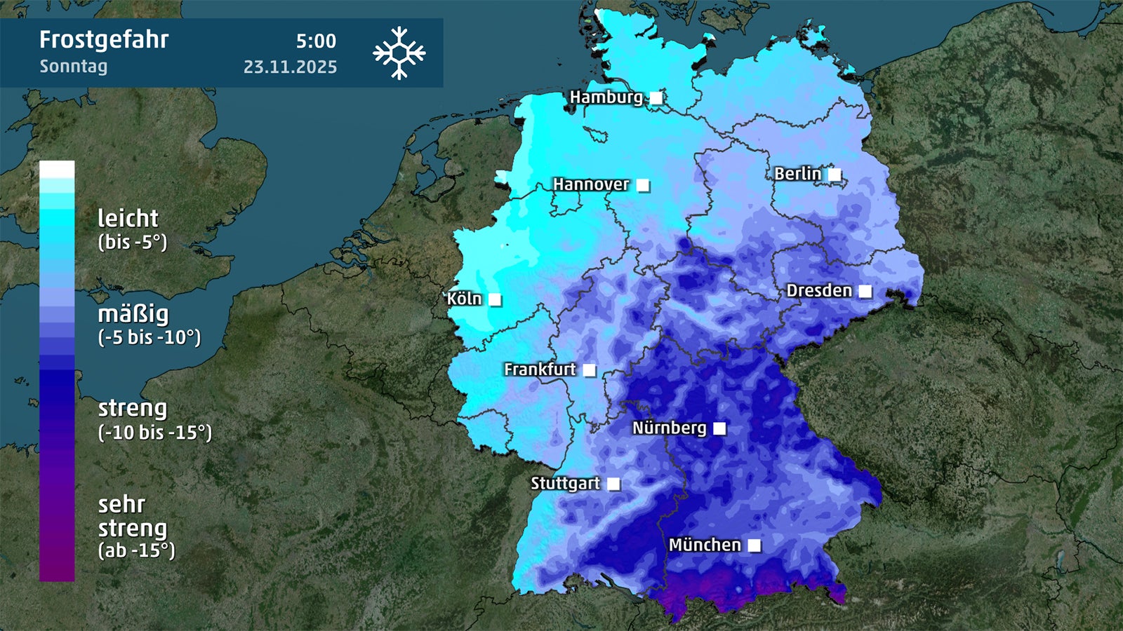 Wetterkarte zeigt Frostgefahr in Deutschland am Sonntag.