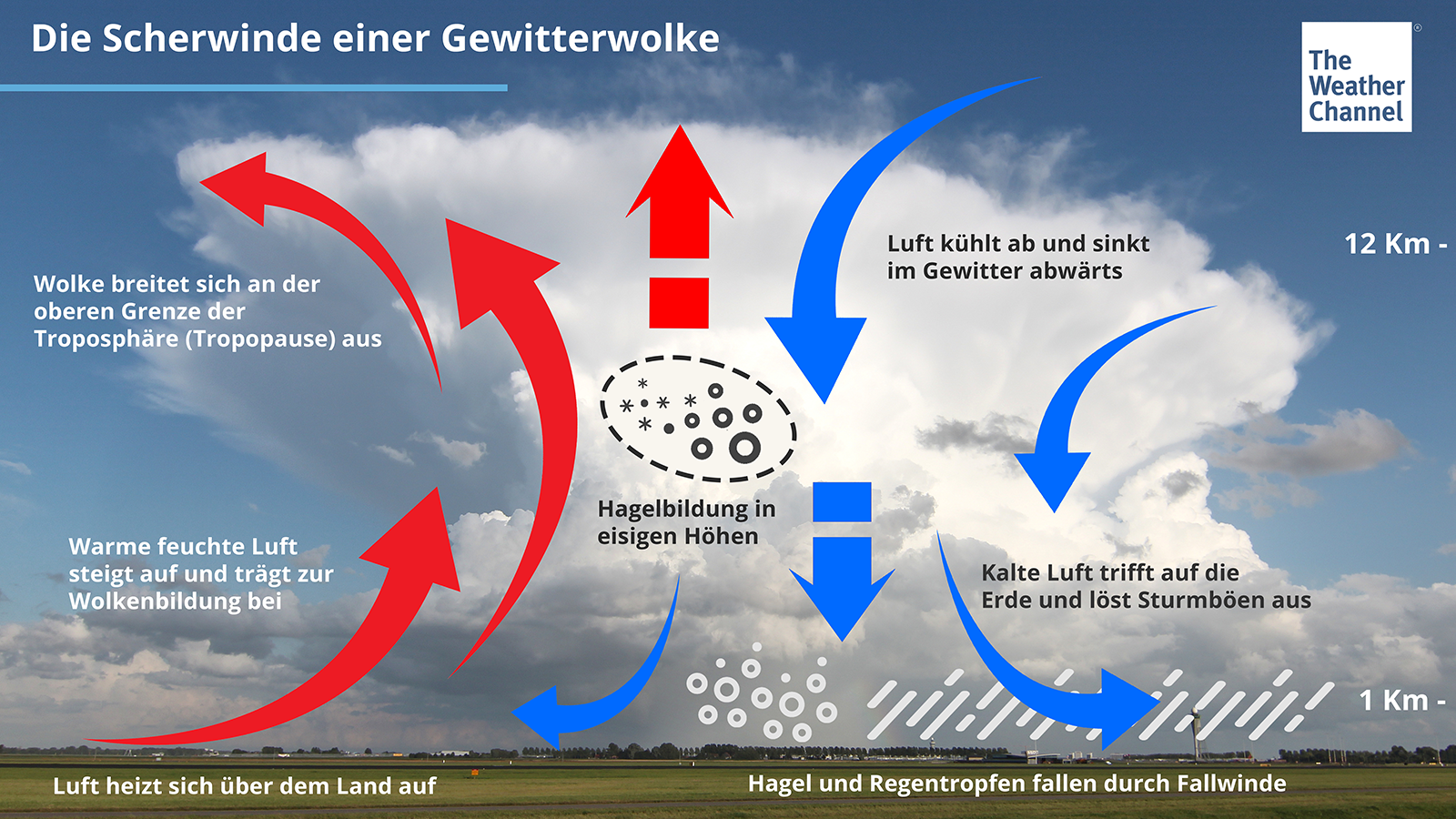 Infografik mit schematischen Pfeilen und Texten erkl&auml;rt die Entstehung und Dynamik einer Scherwind-Gewitterwolke vor einer Wolkenformation am Horizont.