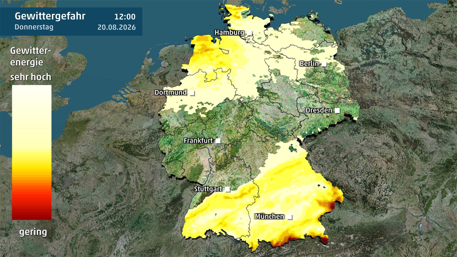 Wetterkarte von Deutschland mit farbigen Fl&auml;chen f&uuml;r unterschiedliche Gewittergefahr und hervorgehobenen St&auml;dtenamen.