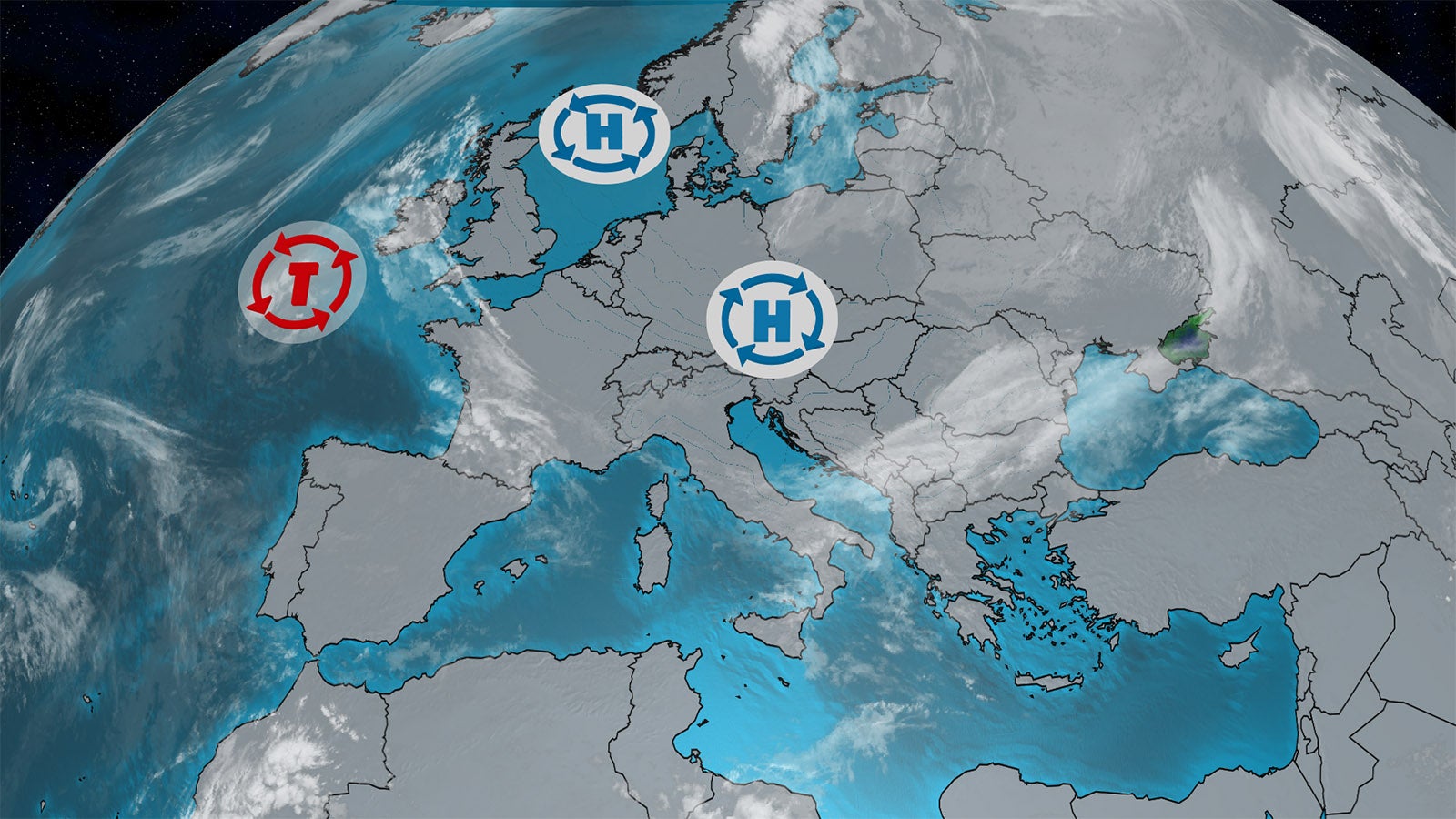 Satellitenbild von Europa mit zwei blauen Hochdrucksymbolen und einem roten Tiefdrucksymbol &uuml;ber dem Atlantik