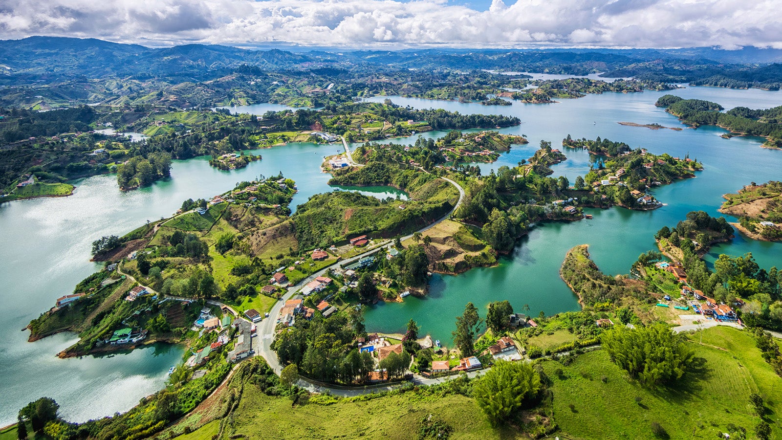 Panoramic view of Guatape from the Rock (La Piedra del Penol), near Medellin, Colombia.