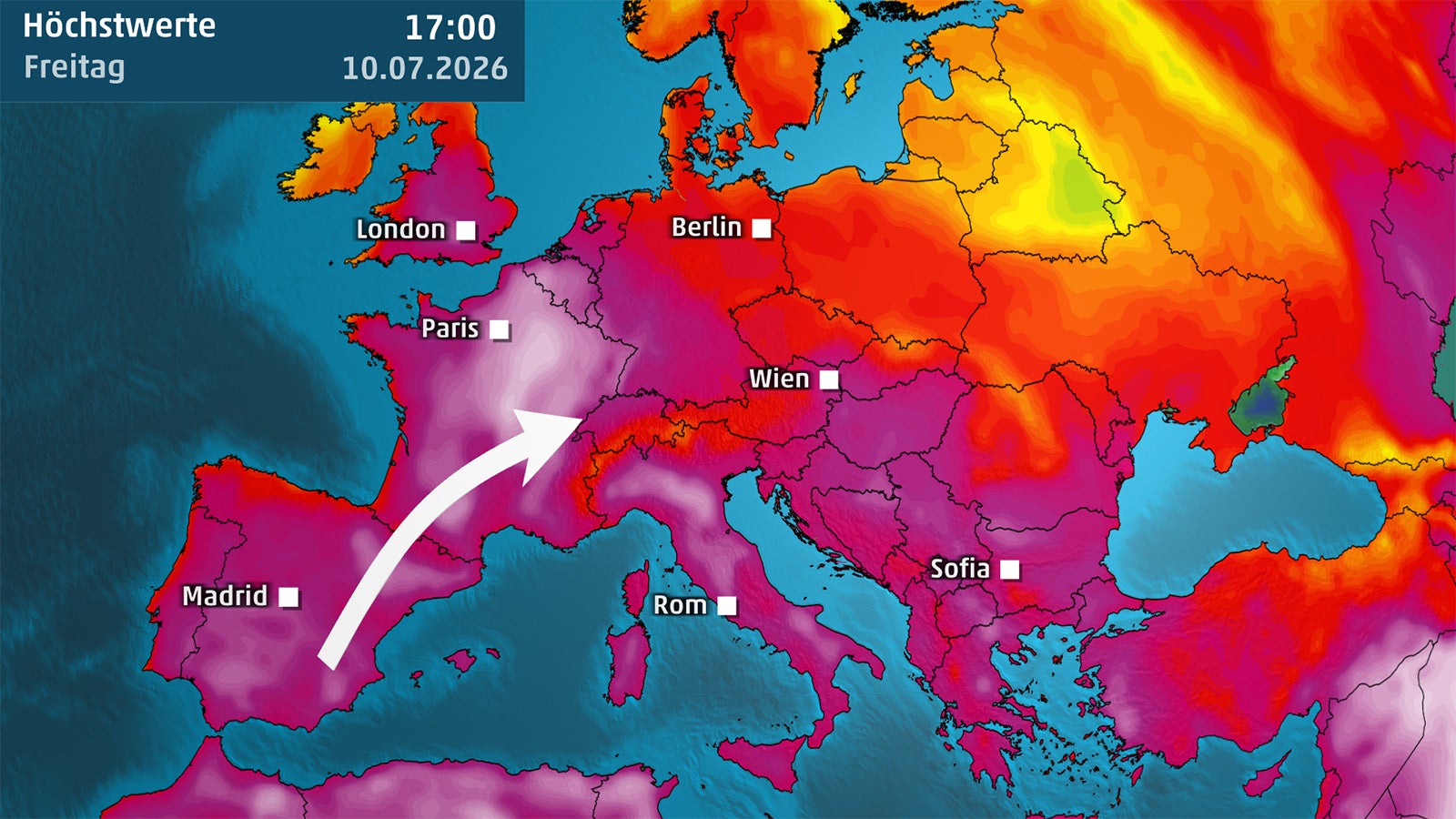 Wetterkarte mit eingef&auml;rbten Temperaturzonen &uuml;ber Europa, St&auml;dtenamen und einem wei&szlig;en Pfeil von Paris nach Wien.