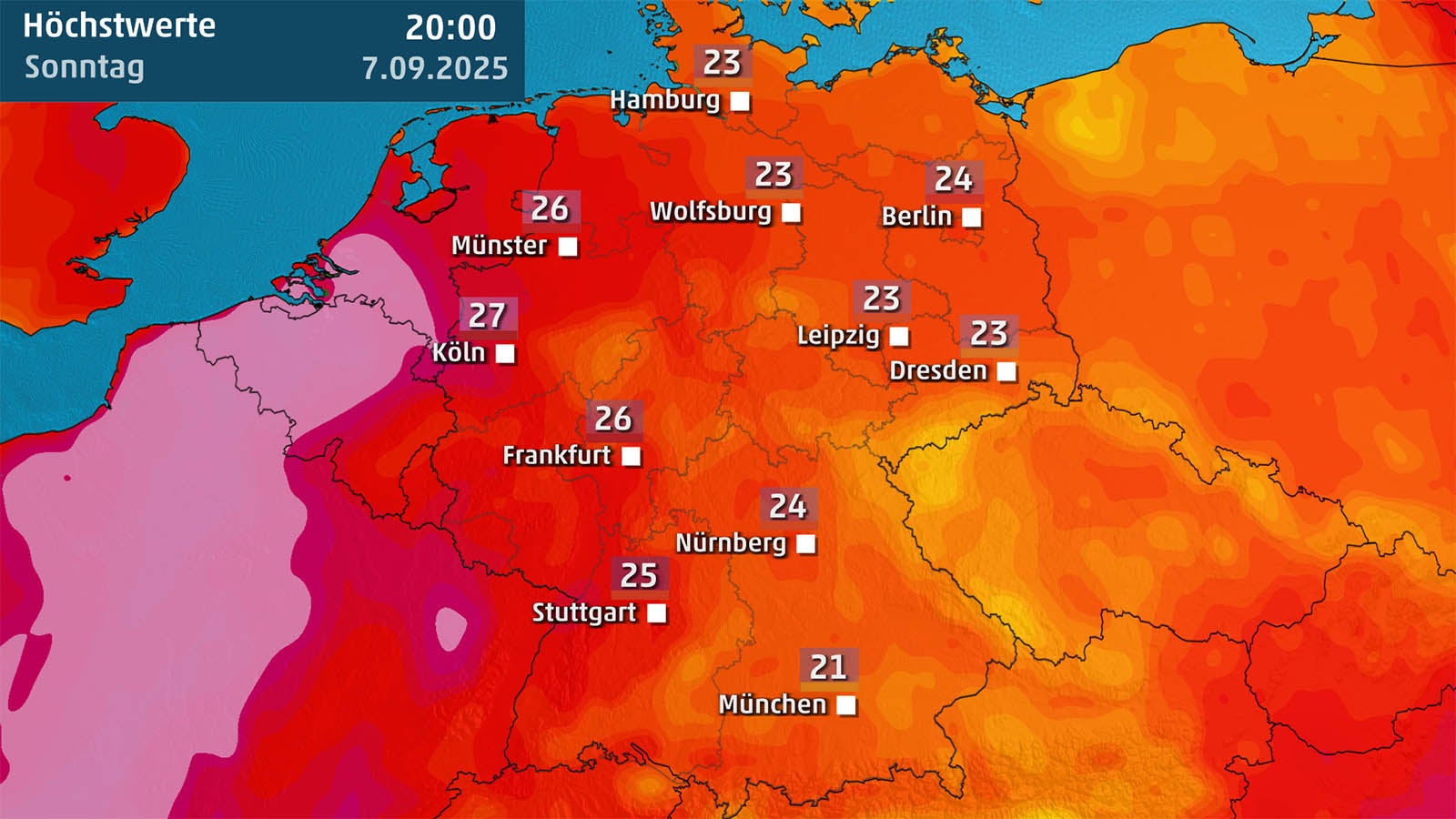 Temperaturkarte von Deutschland zeigt die H&ouml;chstwerte am Sonntag.
