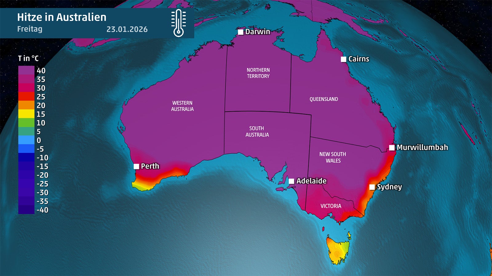 Karte von Australien mit farbcodierter Temperaturverteilung am Freitag, 23.01.2026. Gro&szlig;e Teile des Landes sind in Violett- und Pinkt&ouml;nen dargestellt und zeigen sehr hohe Temperaturen.