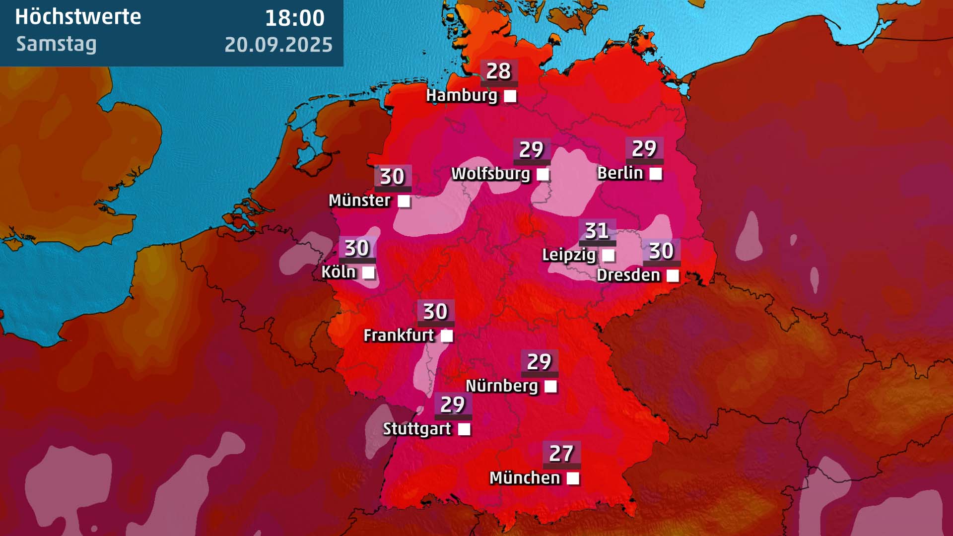 Die H&ouml;chstwerte am Samstag erreichen verbreitet 30 Grad in Deutschland. 