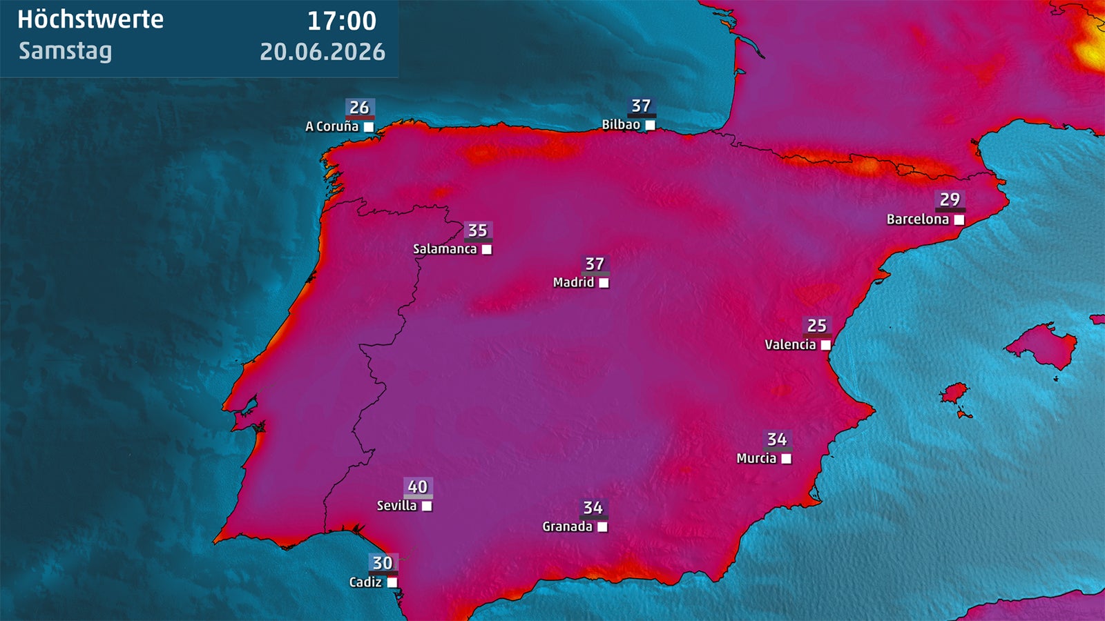 Wetterkarte mit Temperaturwerten f&uuml;r St&auml;dte in Spanien und Portugal, farblich hervorgehobene Regionen und eingeblendete Uhrzeit sowie Datum oben links