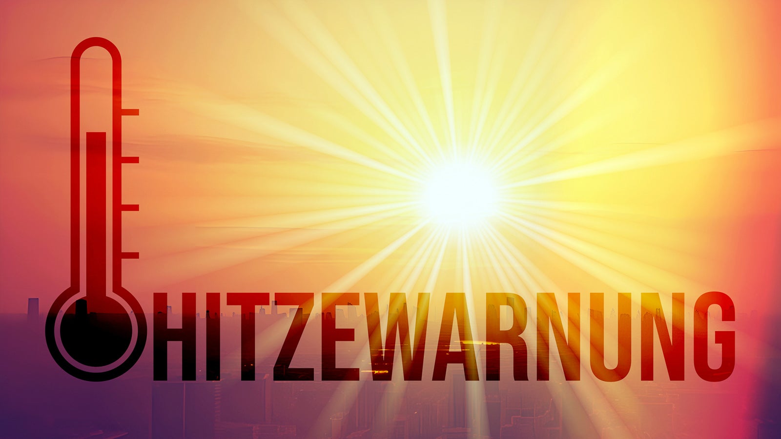 Stilisiertes Thermometer und Schriftzug &sbquo;HITZEWARNUNG&lsquo; vor einer Sonne mit strahlenden Lichtbalken.