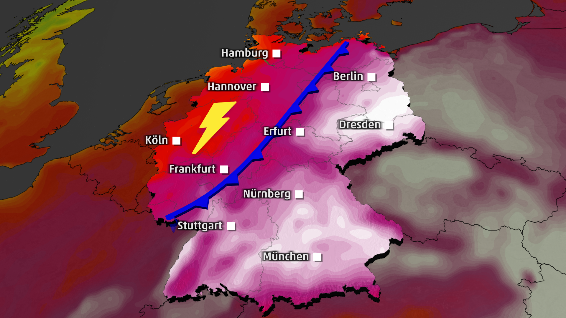 Eine Kaltfront mit teils kr&auml;ftigen Gewittern beendet die Hitzewelle im Norden und bringt deutlich k&uuml;hlere Luft.