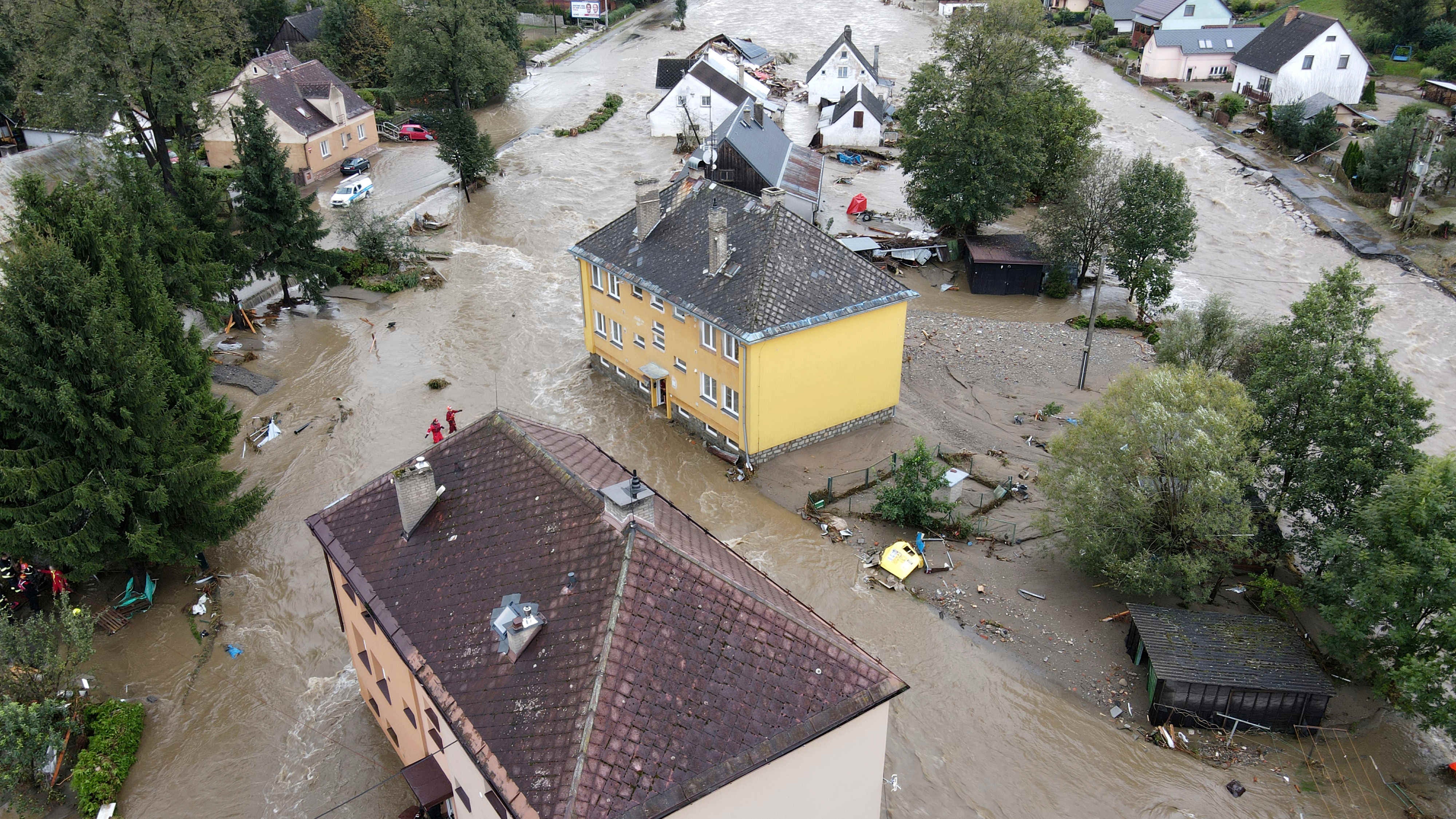 A view of flooded houses in Jesenik, Czech Republic, Sunday, Sept. 15, 2024. (AP Photo/Petr David Josek)