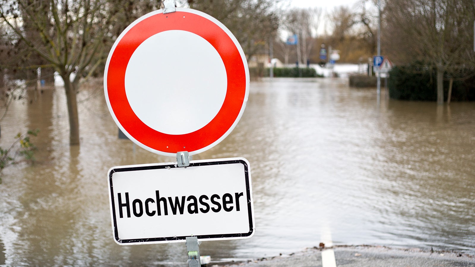 German traffic sign, high water, road closed, Hochwasser, selective focus