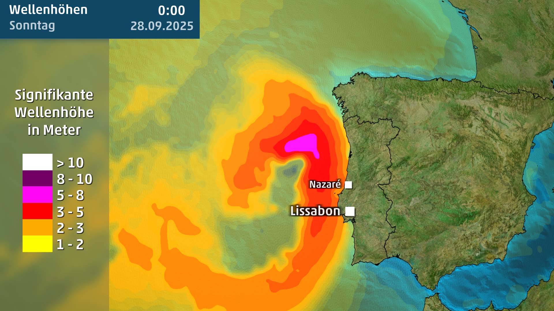 Prognose der signifikanten Wellenh&ouml;hen eines Hurrikans vor der K&uuml;ste Portugals, wobei die schlimmsten Wellen bis zu 8 Meter erreichen sollen.