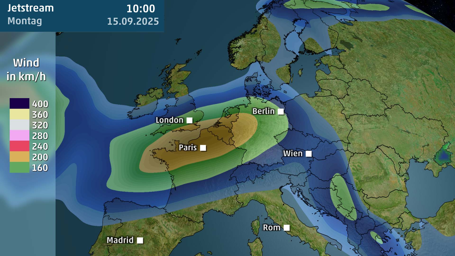 Jetstream liegt am Montag &uuml;ber Frankreich und Deutschland mit hohen Windgeschwindigkeiten.