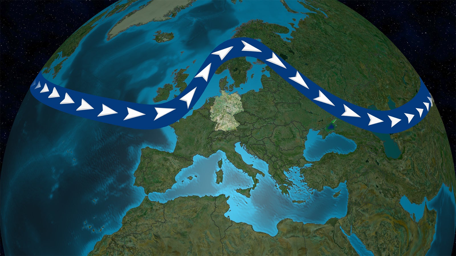 Satellitenansicht von Europa mit einer geschwungenen Pfeillinie &uuml;ber Mitteleuropa.