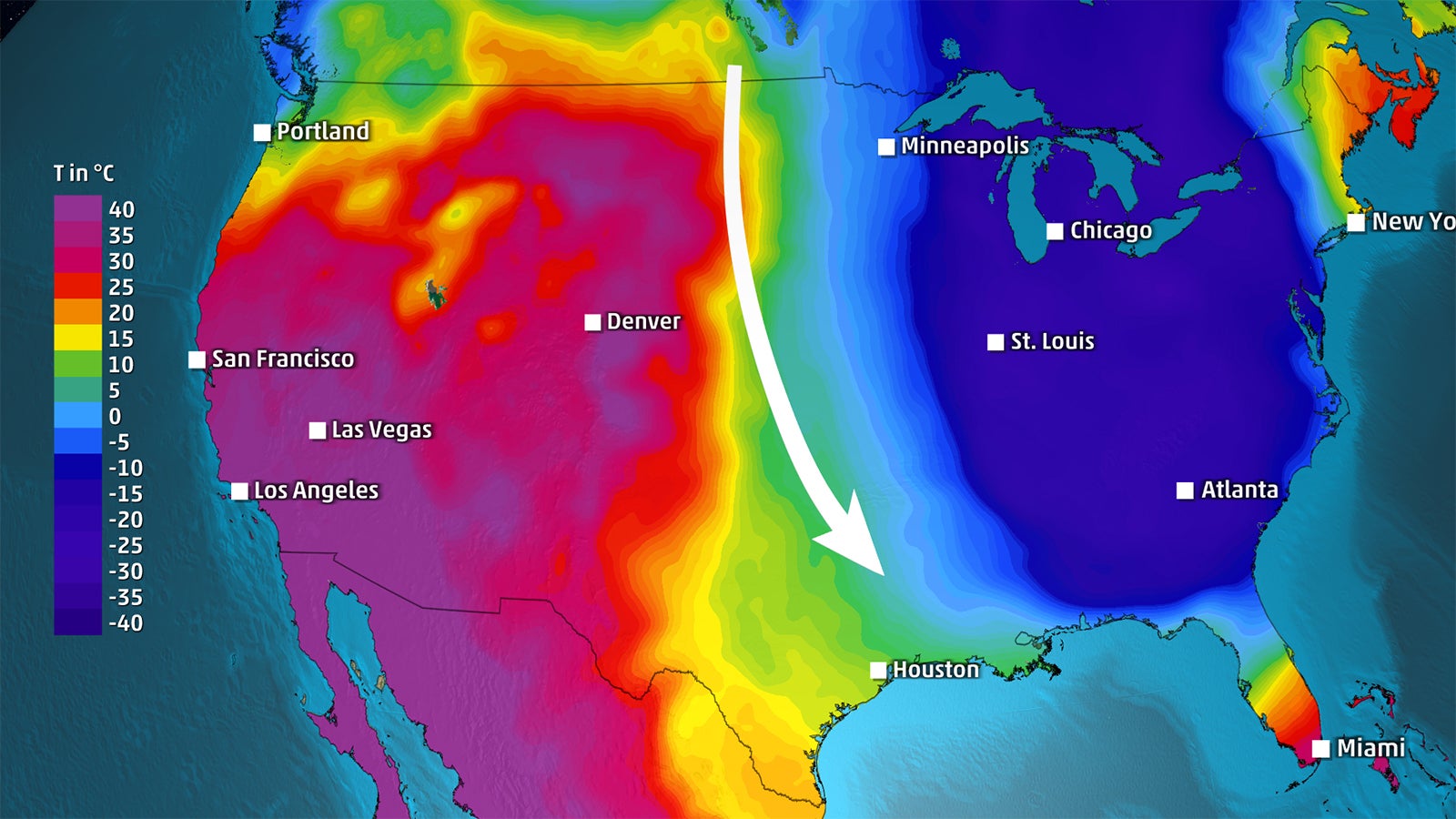 Temperaturkarte von USA zeigt, einen Kaltlufteinbruch. Ein wei&szlig;er Pfeil zeigt, wie die kalten Luftmassen bis nach Florida vordringen. 