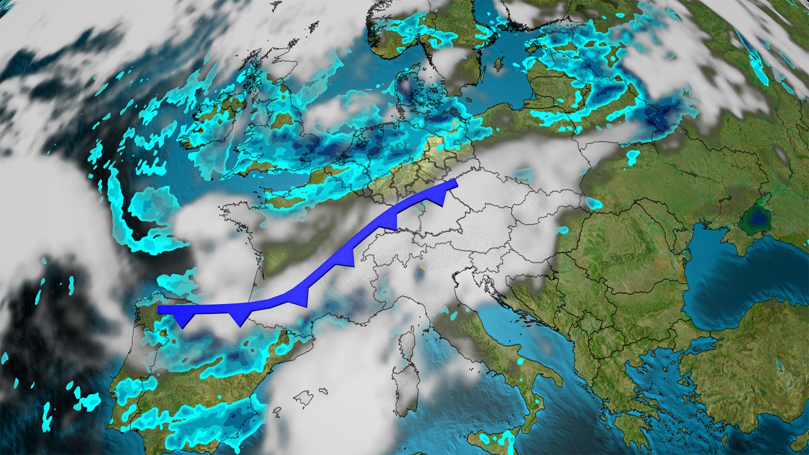 Wetterkarte mit einer blauen Pfeillinie quer &uuml;ber Mitteleuropa und Wolkenfeldern