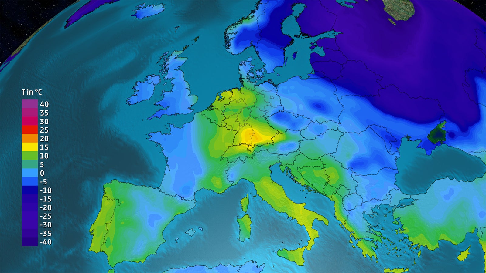 Temperaturkarte von Europa: Kalte Luft erreicht Deutschland am Dienstag, 21.12.2025.
