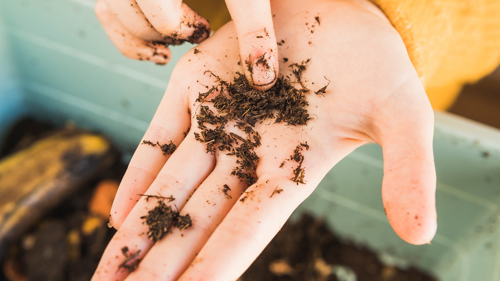 Woman pointing at worm with dirt on hand