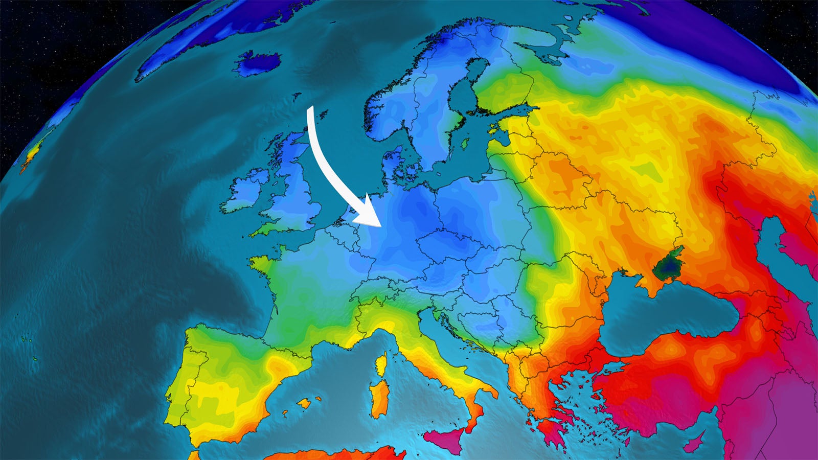 Farbcodierte Wetterkarte von Europa mit einem wei&szlig;en Pfeil, der von Nordwesten nach Mitteleuropa zeigt