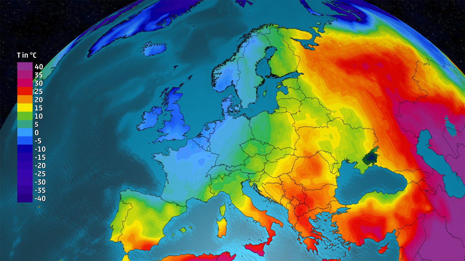 Infografik mit Farbverlauf zeigt Temperaturverteilung &uuml;ber Europa mit einer Farbskala von -40 bis 40 Grad Celsius links.