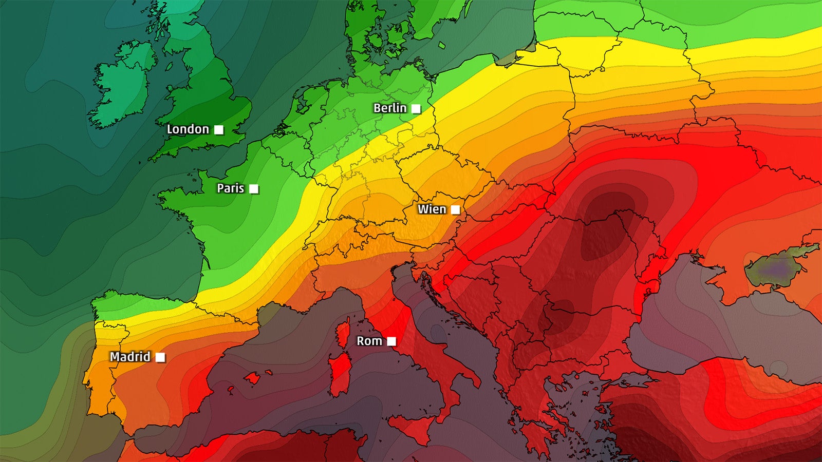 Wetterkarte mit Farbverlauf von Gr&uuml;n &uuml;ber Gelb zu Rot und St&auml;dtenamen wie 'London', 'Berlin', 'Wien', 'Rom', 'Madrid', 'Paris'