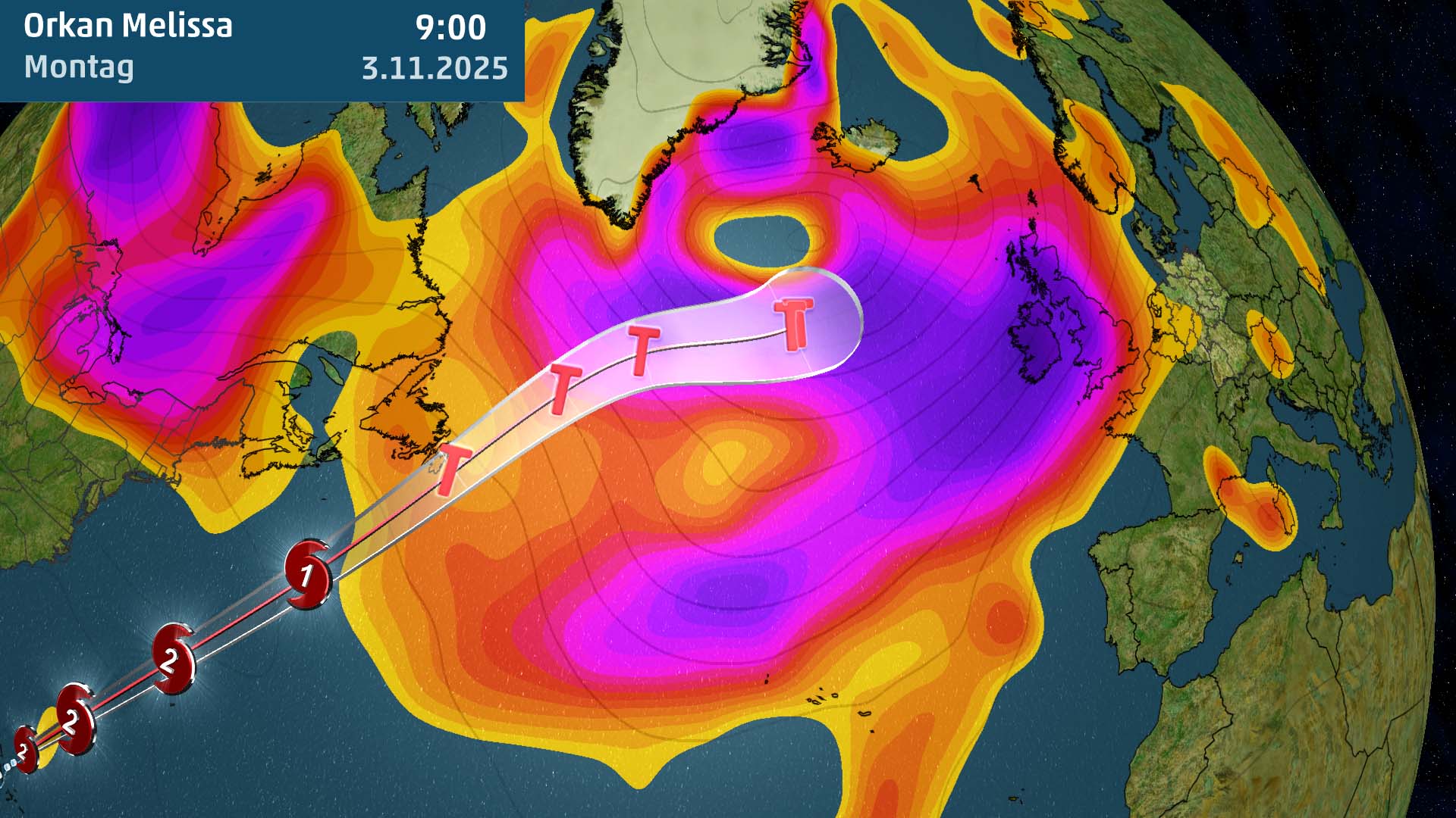 Hurrikan Melissa zieht &uuml;ber den Atlantik in Richtung Europa und transformiert sich dabei zu einem Orkan.