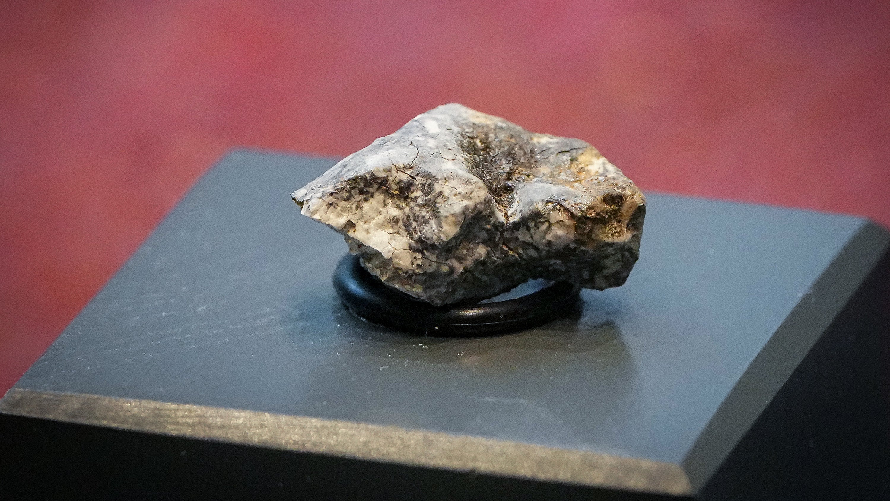 ARCHIV - 12.03.2024, Berlin: Eines der nahe dem brandenburgischen Ribbeck gefundenen Bruchst&uuml;cke eines Meteoriten liegt im Mineraliensaal des Museums f&uuml;r Naturkunde in einer Glasvitrine. Der Meteorit war im Januar nahe Ribbeck bei Berlin auf die Erde getroffen. (zu dpa: &laquo;Meteoritenfund: Seltenes Fundst&uuml;ck mit besonderem Geruch&raquo;) Foto: Soeren Stache/dpa +++ dpa-Bildfunk +++
