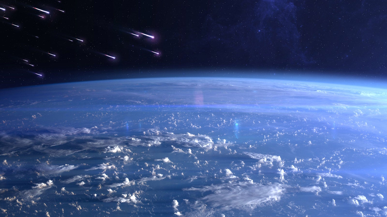 View of planet Earth and meteor shower. Meteor rain and Earth. Quadrantids, Lyrids, Eta Aquariids, Aquariids, Perseids, Orionids, Leonids, Geminids. Elements of this image furnished by NASA. ______ Url(s): https://www.nasa.gov/image-feature/sunrise-across-the-philippine-sea/https://photojournal.jpl.nasa.gov/catalog/PIA17257Software: Adobe Photoshop CC 2015. Knoll light factory. Adobe After Effects CC 2017.