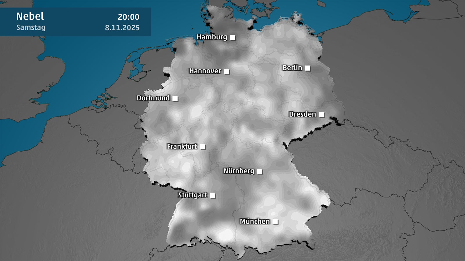 Wetterkarte zeigt Nebel &uuml;ber Deutschland am Samstag, 8. November, um 20 Uhr. 