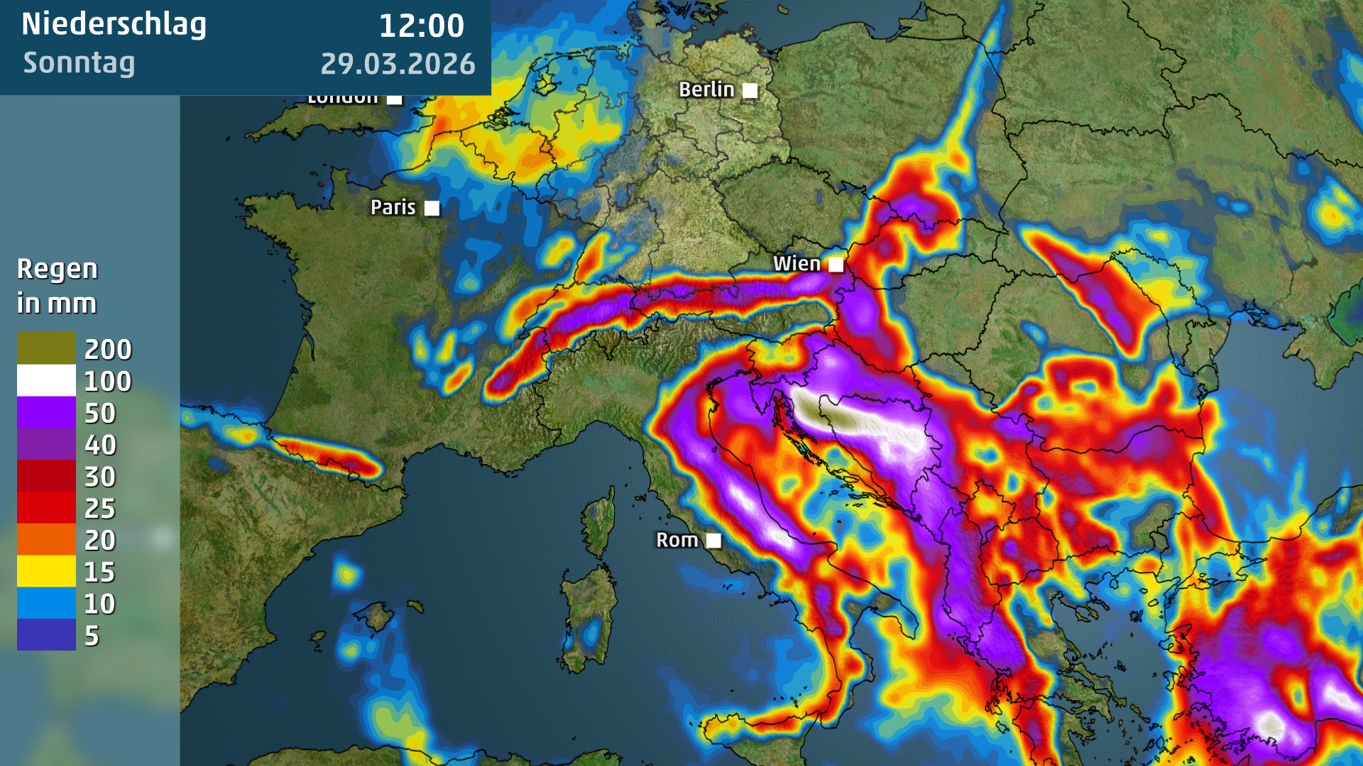 Ein Tief sorgt jetzt f&uuml;r heftigen Regen und auch nochmal Schnee von Mitteleuropa und dem Alpenraum bis zum Balkan.