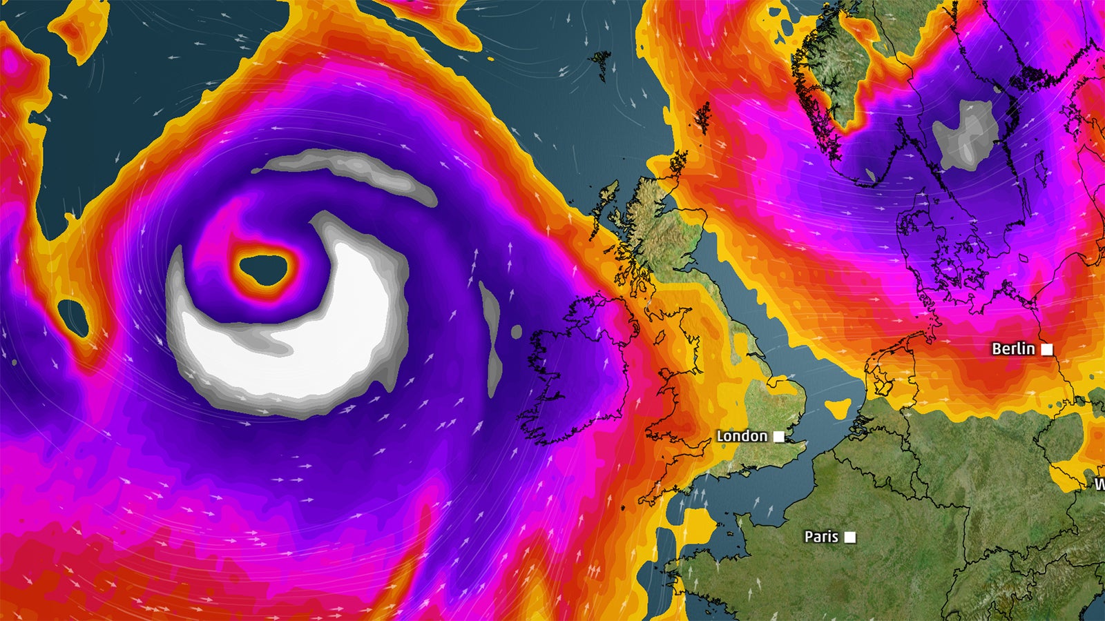 Wetterkarte mit einem starken Wirbelsturm westlich von Gro&szlig;britannien und farblich markierten Temperatur- oder Windzonen &uuml;ber Europa mit St&auml;dten London, Paris und Berlin.