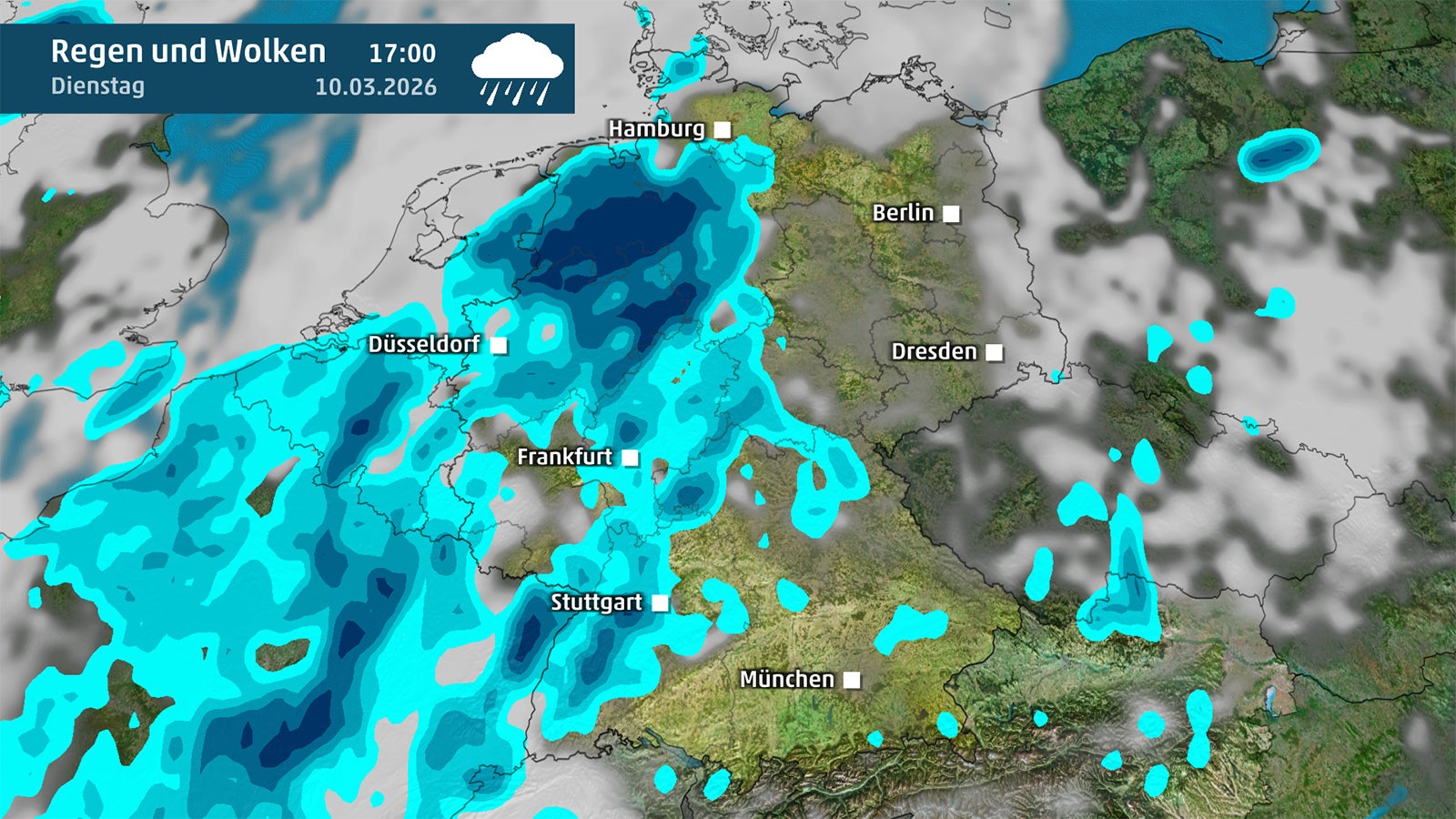 Karte von Deutschland zeigt Regen und Wolken am Dienstag. 
