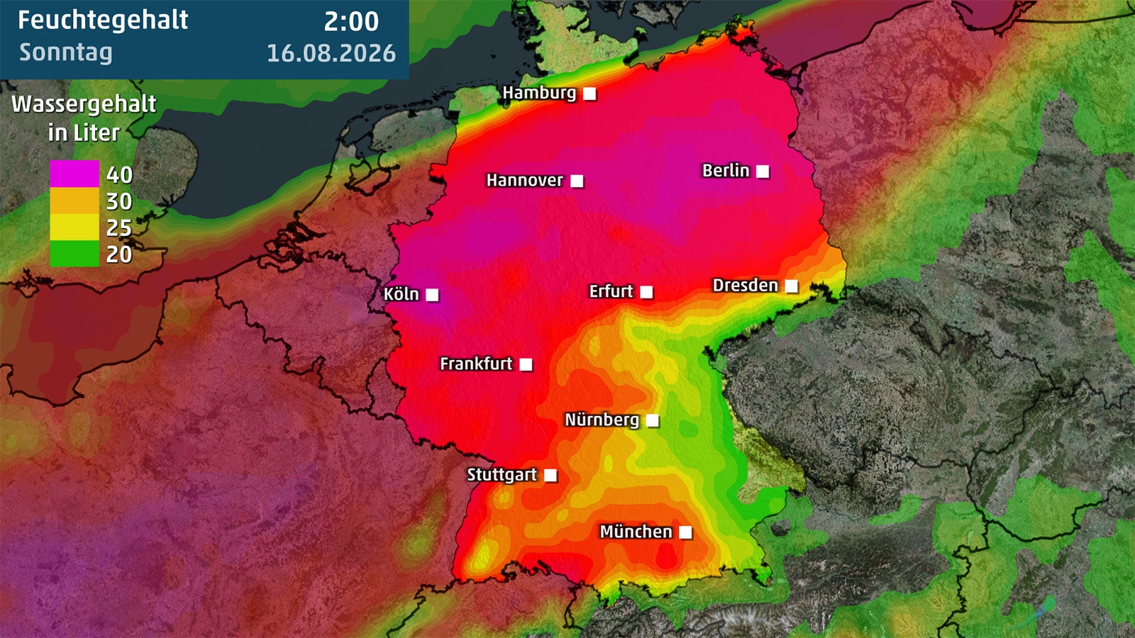 Farbcodierte Wetterkarte von Deutschland mit St&auml;dtenamen und einer Skala f&uuml;r den Feuchtegehalt in Litern.