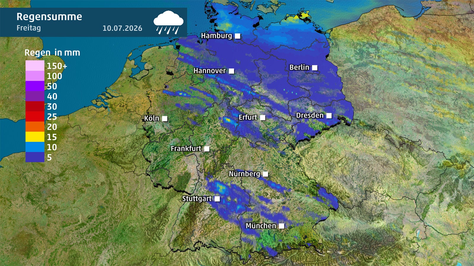 Wetterkarte von Deutschland mit eingef&auml;rbten Fl&auml;chen f&uuml;r unterschiedliche Niederschlagsmengen und St&auml;dtenamen.
