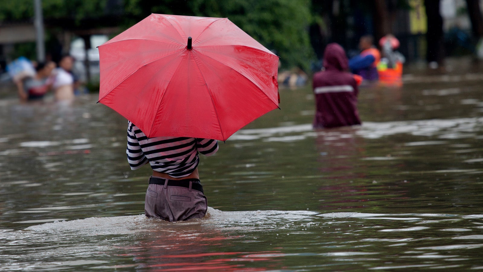 Eine Person geht bei starkem Regen und &uuml;berschwemmter Stra&szlig;e. Das Wasser steht h&uuml;fthoch.