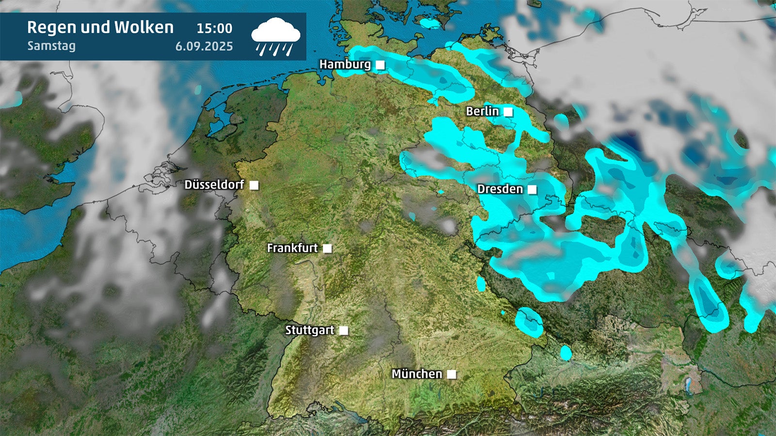 Karte von Deutschland mit Wolken und Regen am Samstag