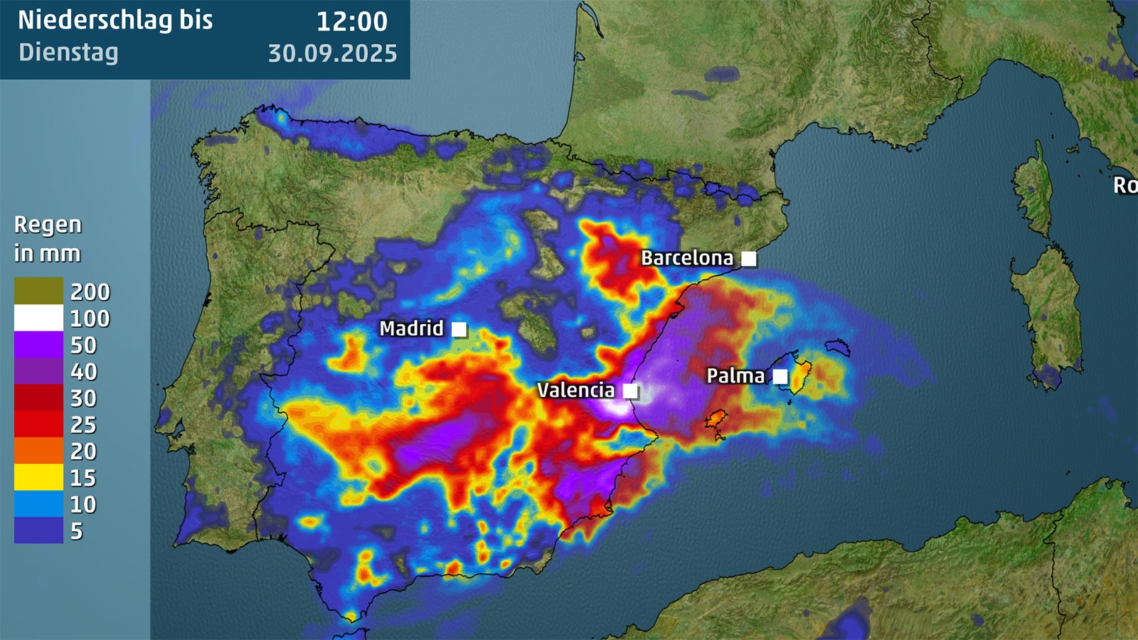 Wetterkarte zeigt Regenmengen in Spanien