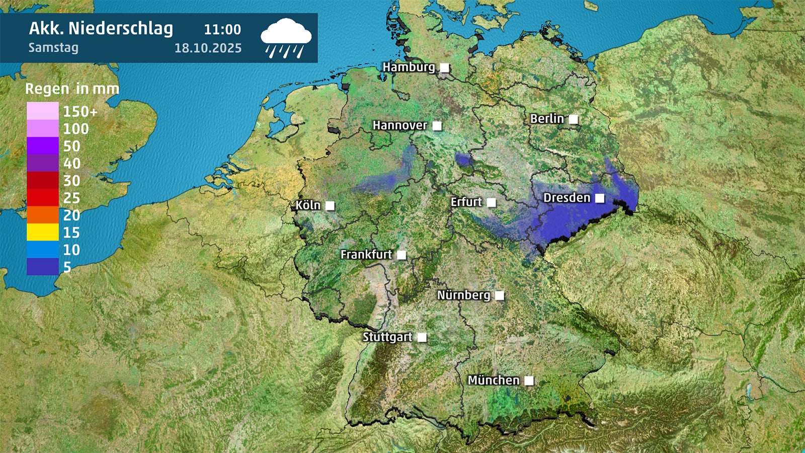 Wetterkarte zeigt Regensumme in Deutschland &uuml;ber die gesamte Woche