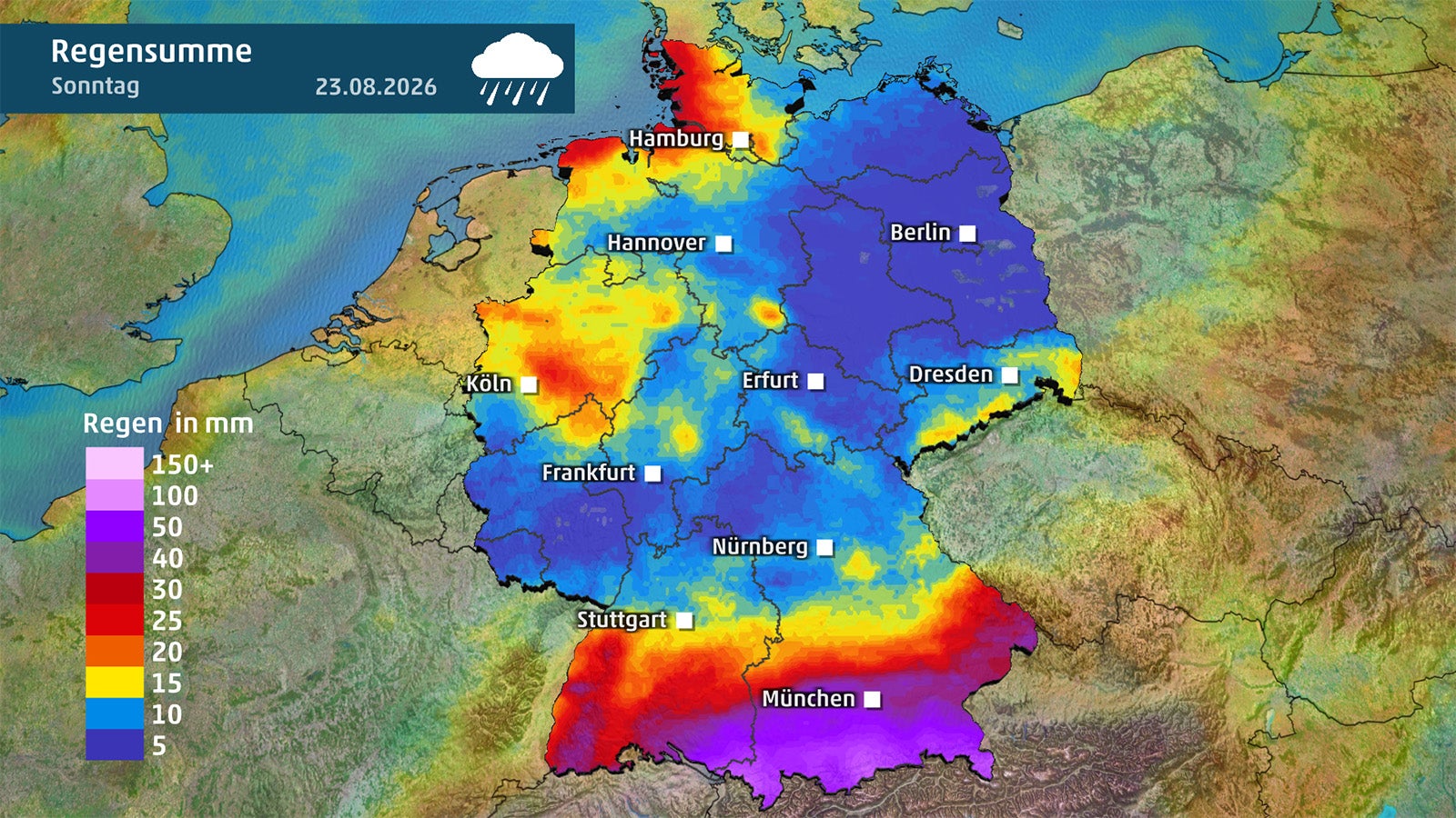Infografik mit farbcodierter Deutschlandkarte zur Regensumme am 23.08.2026, mit h&ouml;chsten Werten im S&uuml;den und niedrigsten im Nordosten.
