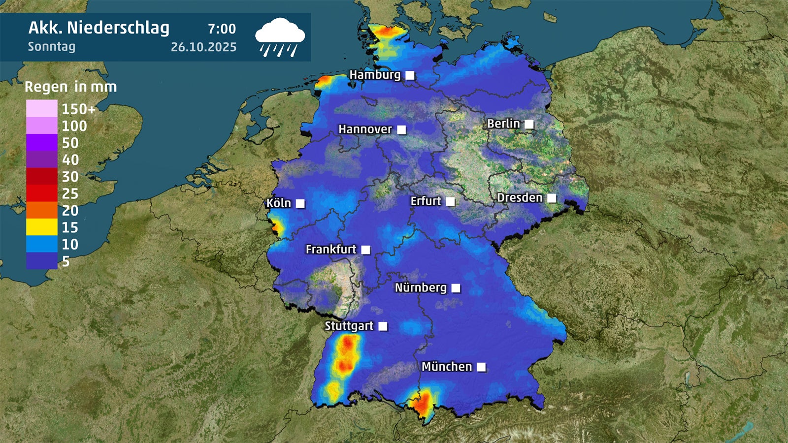 Wetterkarte zeigt, wie viel Regen insgesamt von Samstag bis Sonntag f&auml;llt.