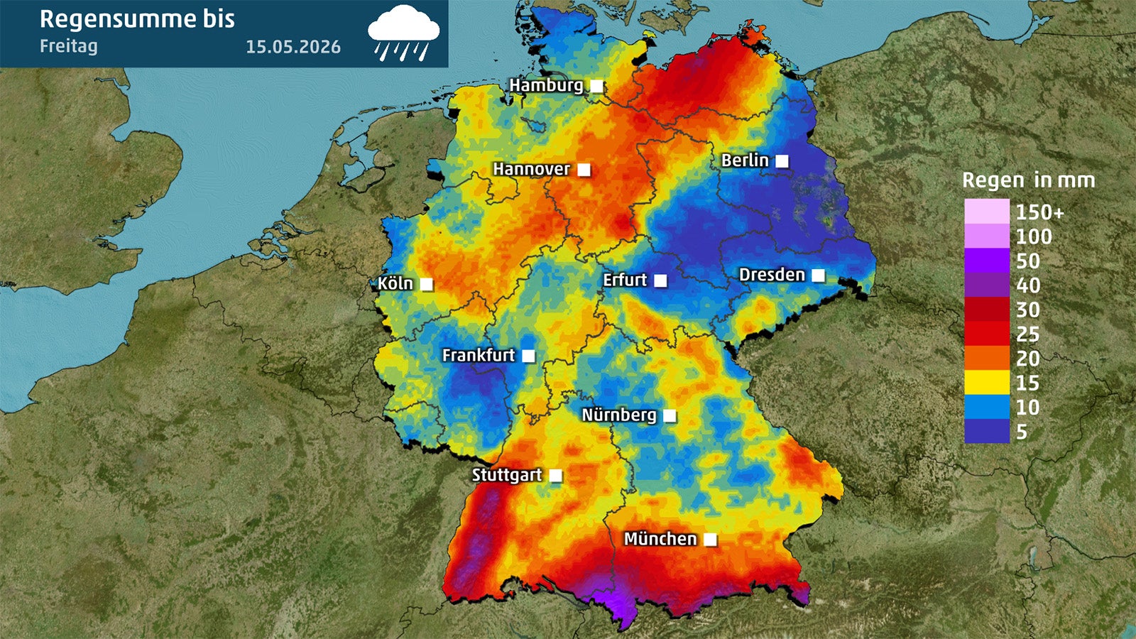 Infografik mit farbiger Deutschlandkarte und Regenmengen in Millimetern, farblich gestaffelt von blau bis violett, mit St&auml;dtenamen und Legende rechts